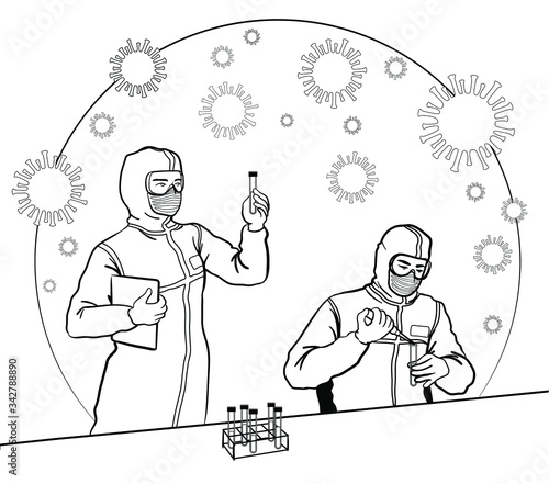 Epidemiology scientists researching coronavirus in a sterille laboratory wearing protective suits and medical masks. Male 

and female medics working together. Vector black and white cartoon people