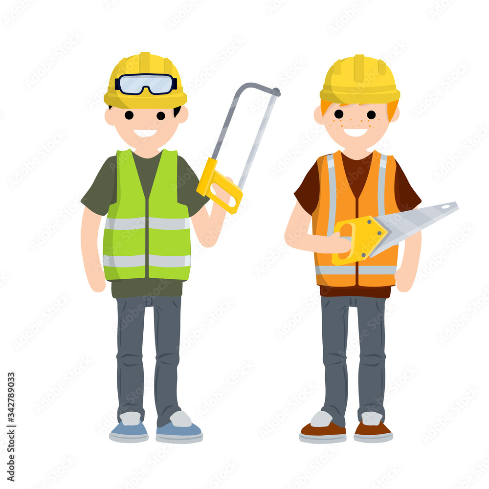 Two Men workers in uniform with helmets. Jigsaw, gloves, glasses, vest and helmet. Industrial safety. Maintenance service. Loggers and objects for sawing wood. Repair and installation tools. Two Men workers in uniform with helmets. Jigsaw, gloves, glasses, vest and helmet. Industrial safety. Maintenance service. Loggers and objects for sawing wood. Repair and installation tools.