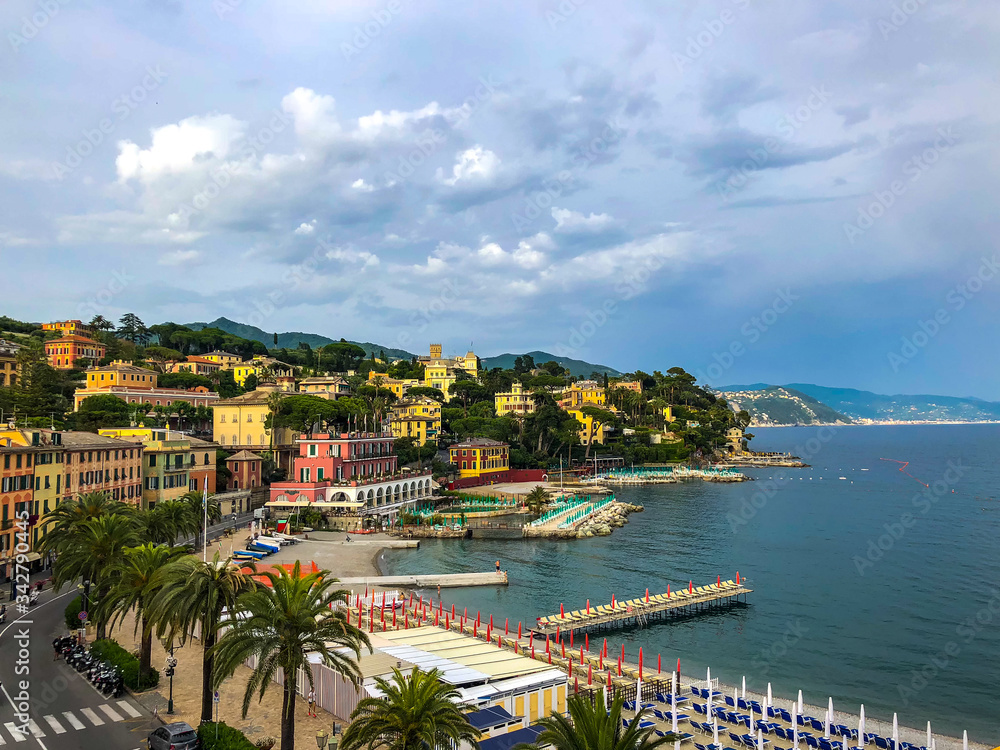 Beautiful  panorama of Santa Margherita Ligure harbor and promenade on the Italian Riviera. Beautiful mediterranean landscape, Italy, Liguria, Genoa, Europe.