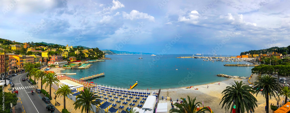 Beautiful  panorama of Santa Margherita Ligure harbor and promenade on the Italian Riviera. Beautiful mediterranean landscape, Italy, Liguria, Genoa, Europe.