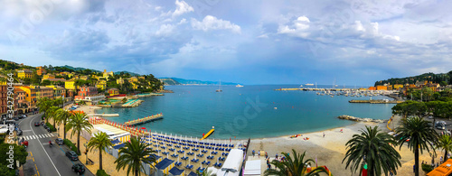 Beautiful  panorama of Santa Margherita Ligure harbor and promenade on the Italian Riviera. Beautiful mediterranean landscape, Italy, Liguria, Genoa, Europe.
