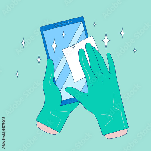 Coronavirus, COVID-19 personal protection. Sanitizer smartphone or smartphone disinfection. Wipe phone alcohol napkin by hands in gloves. Pandemic outbreak hygiene - vector in cute linear flat