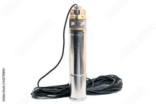 Well pump with cable on a white background. Vortex type pump with a diameter of 4 inches.