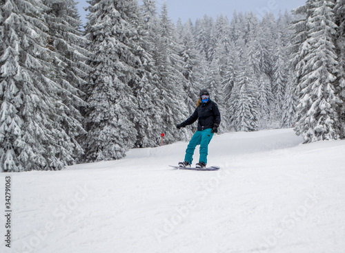 a snowboarder in a black jacket and turquoise pants rolls along a snowy mountain along tall trees strewn with snow.