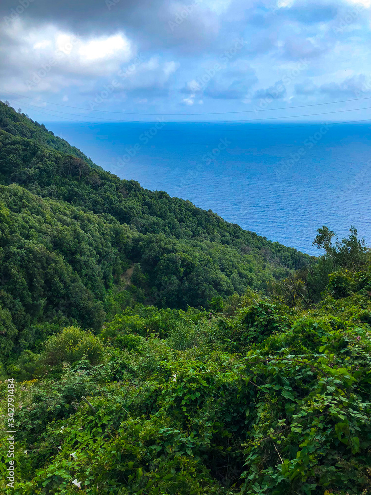 Obraz premium Stunning landscape of Mediterranean turquoise sea and green mountains with vineyards visible from the hiking Cinque Terre trail from Vernazza to Monterosso al Mare in Italy.