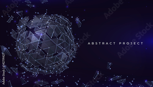Sphere particles background. Futuristic banner with abstract geometric shape of connected lines. Vector destroyed globe or molecule realistic 3D orb, geometric shards of glass