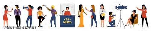 Journalists. Cartoon reporters, videographers and news presenter interviewing people, talk show cast and bloggers set. Vector illustration collection journalism and news with character tv