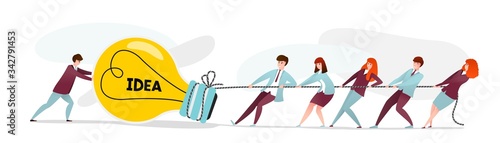 People pull idea. Team of office workers and businessmen pulling the rope with light bulb, project startup. Vector cartoon characters with rope, presentation creative innovate ideas