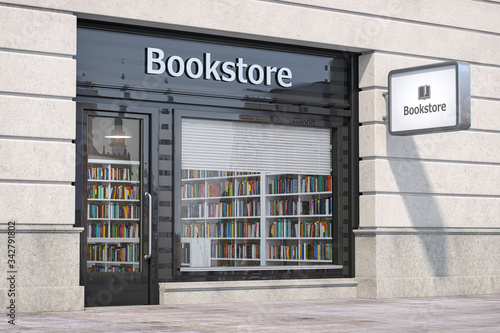 Obraz na plátně Bookstore shop exterior with books and textbooks in showcase.