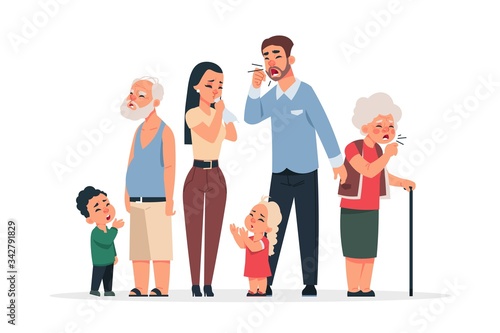 Family with virus. Coronavirus disease symptoms and prevention, cartoon young and old characters coughing and sneezing. Vector illustration ill family on quarantine concept
