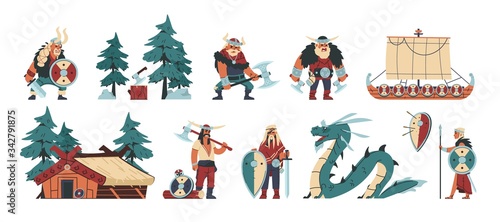 Vikings. Cartoon barbarian characters with steel and leather weapon and armor, scandinavian funny illustration. Vector history isolated character barbarians flat set