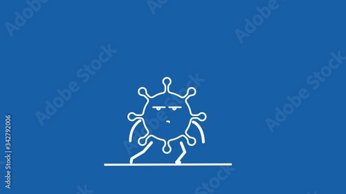 Virus Covid-19 attacks a person. Sanitizer, a liquid antibacterial soap helps to avoid the spread of viral infection. Hand washing with antibacterial soap. Victory over coronavirus cartoon.