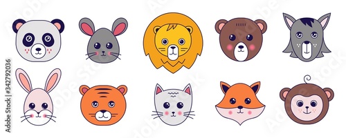 Kawaii animals. Cute doodle cat tiger panda mouse and other pets avatars with funny emoji faces. Vector cartoon illustration animal heads set of bear, fox, monkey
