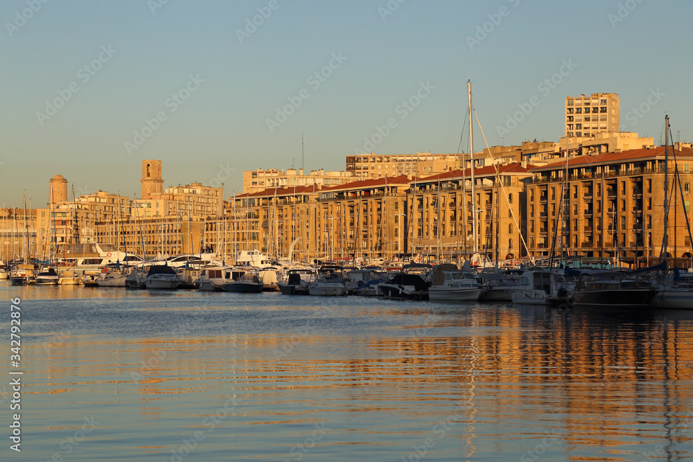 Sunrise on the old harbor of Marseille, France