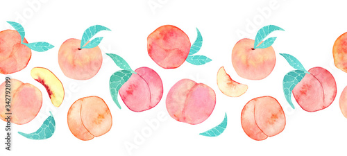 Fototapeta Naklejka Na Ścianę i Meble -  Watercolor seamless border of peaches on a white background. Print with large ripe peaches for stationery, textiles and wallpapers.
