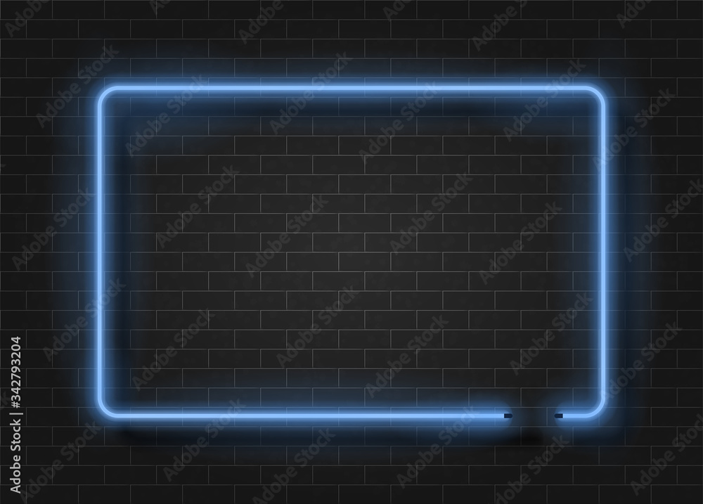 Neon light rectangle template on dark brick wall