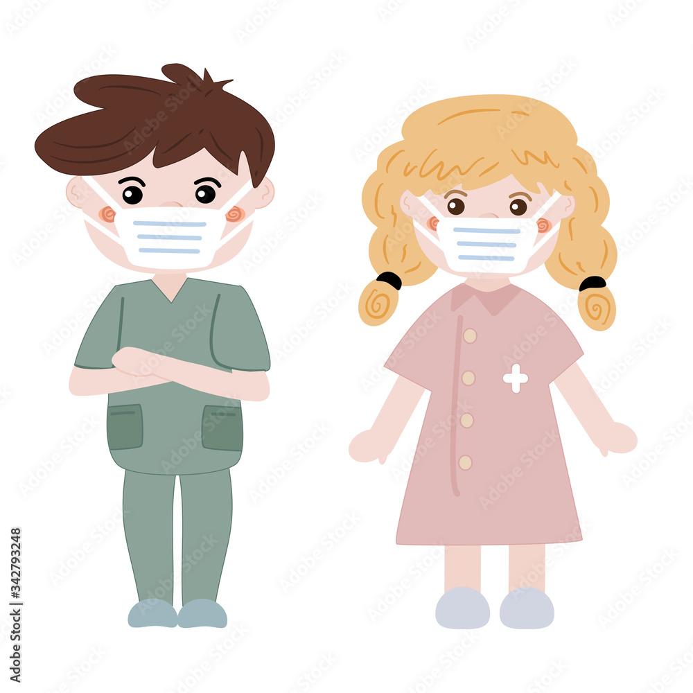Cartoon character cute nurse boy and girl. Vector illustration of medical workers with surgical face mask isolated on white background. Cartoon character cute nurse boy and girl. Vector illustration of medical workers with surgical face mask isolated on white background.