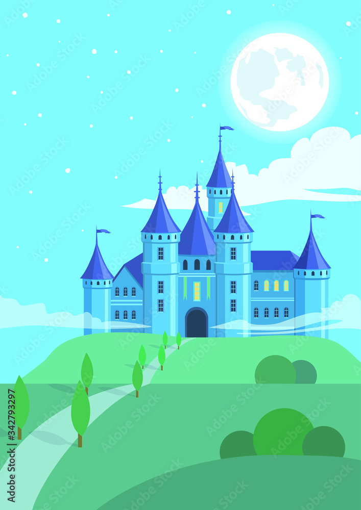 Vector cartoon magic castle in vertical format. Fairytale landscape and night sky with clouds and the big moon. Good illustration for postcards.