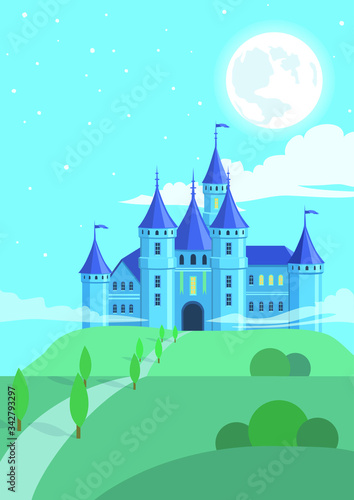 Vector cartoon magic castle in vertical format. Fairytale landscape and night sky with clouds and the big moon. Good illustration for postcards.