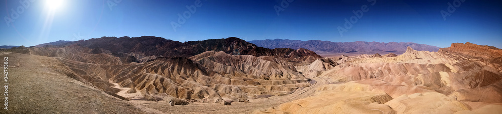 Fototapeta premium Zabriskie Point panoramic view in Death Valley National Park - Viewpoint overlooking the wasteland in the Amargosa Range area, California USA