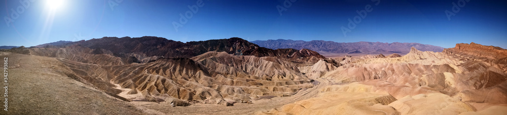 Zabriskie Point panoramic view in Death Valley National Park - Viewpoint overlooking the wasteland in the Amargosa Range area, California USA