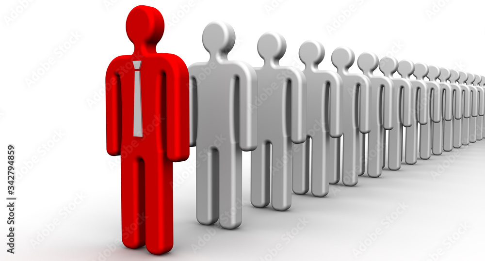 Head and his team. Symbols of people lined up in a row on a white surface and one red as a leader. 3D illustration Head and his team. Symbols of people lined up in a row on a white surface and one red as a leader. 3D illustration