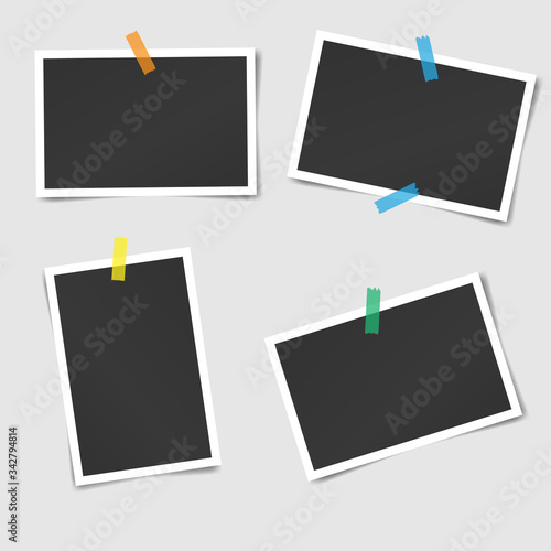 Composition of realistic black photo frames on transparent background. Mock ups for design. Vector illustration