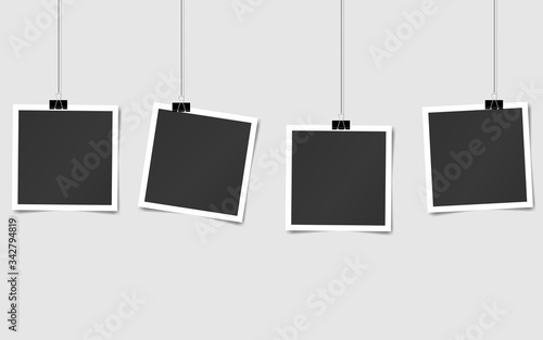 Composition of realistic black photo frames on transparent background. Mock ups for design. Vector illustration