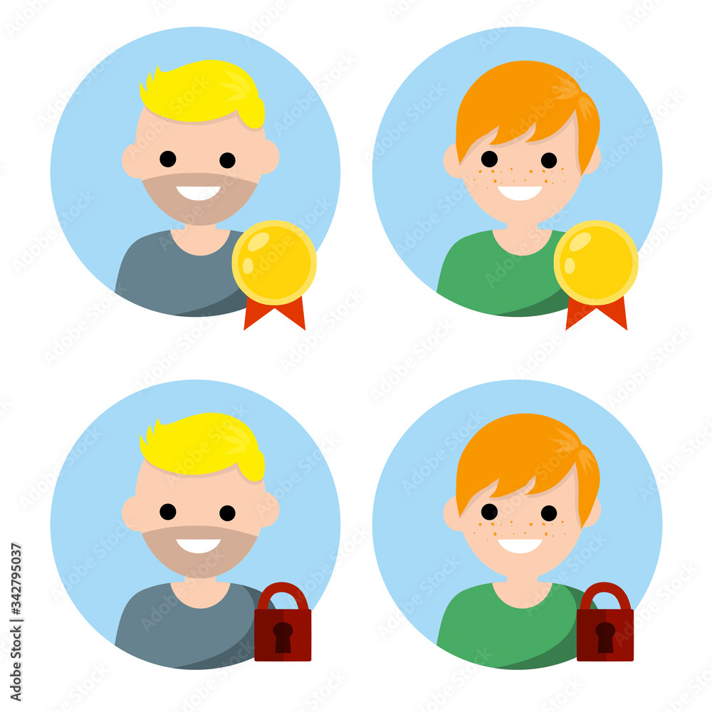 Set of avatars man for social network. Account lockout. Young guy in circle. Cartoon flat illustration. Gold medal winner and success Set of avatars man for social network. Account lockout. Young guy in circle. Cartoon flat illustration. Gold medal winner and success