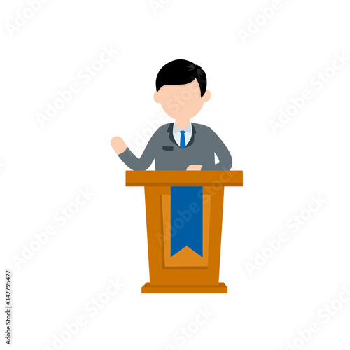 Presidential election. Man politician stand behind the podium. Male speech. Lecturer in a suit. Cartoon flat illustration. Blue candidate. Debate and discussion