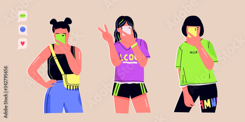 Set of three stylish young ladies taking a selfie on smartphone. Mirror view. Isolated on beige background. Hand drawn colored trendy Vector illustration. Fashion, Social media concept