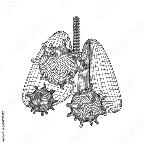 Corona Virus and Lungs with trachea bronchi internal organ human. Covid virus pulmonology medicine science concept. Wireframe low poly mesh vector illustration.