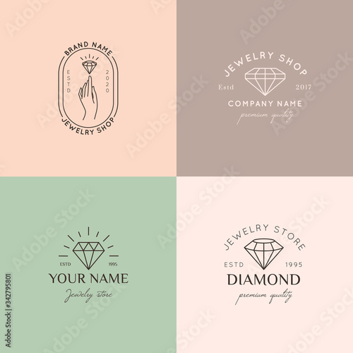 Set of jewelry logo design templates in trendy linear and minimal style. Vector emblems