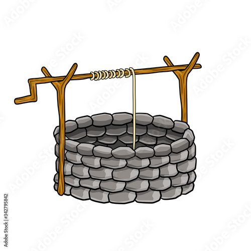 Stone rustic well with wooden element and rope. Rural buildings for water and liquid extraction. Part of the old countryside landscape. Hand drawn illustration.