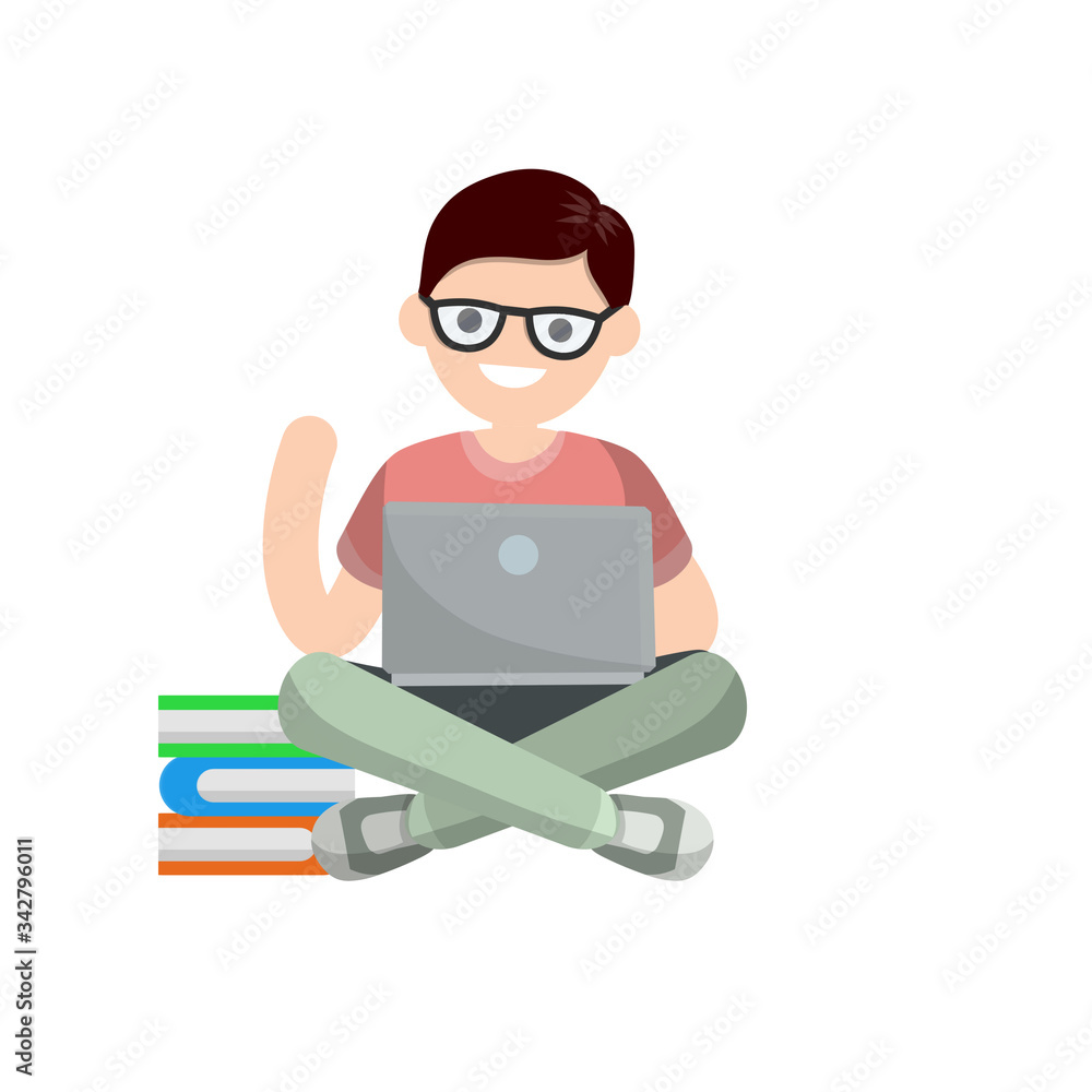 Man sit with laptop. Work freelance and programmer. Guy works on Internet and chat. Cartoon flat illustration. Learning and education with a book.