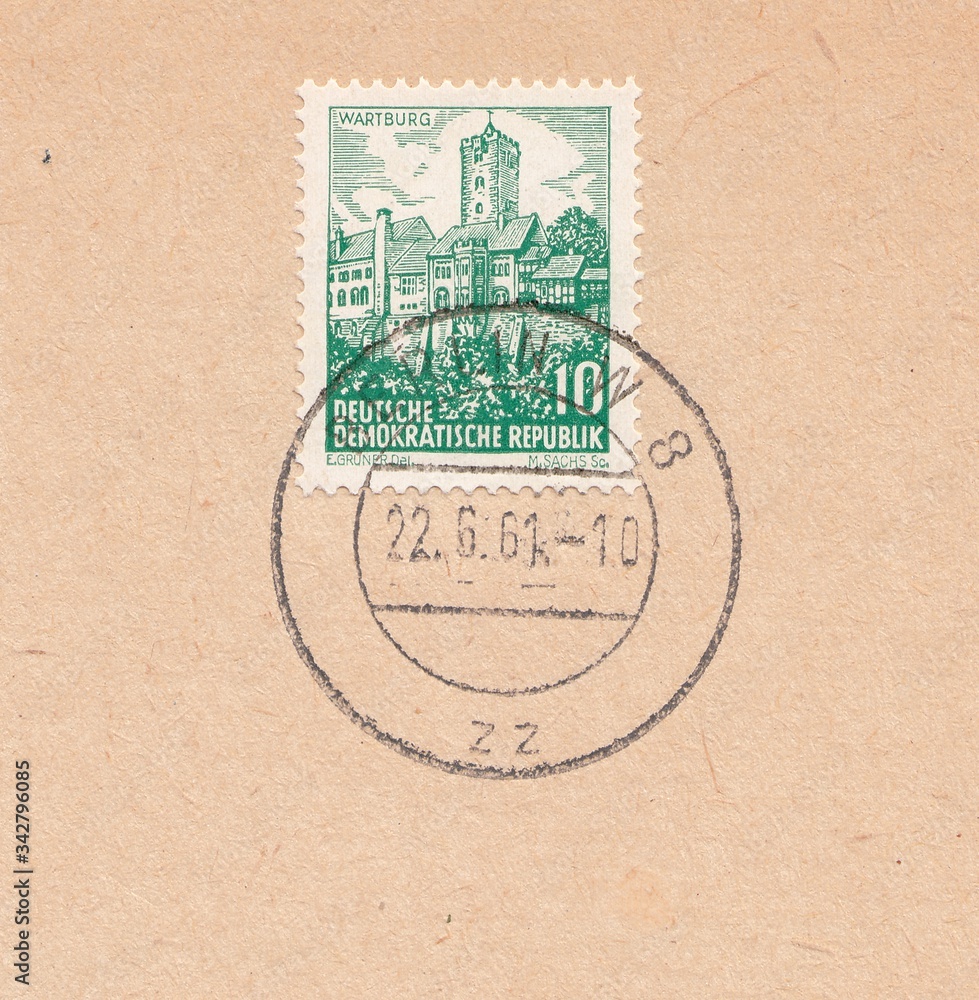 Wartburg castle in Thuringia, historical buildings and landscapes, postmark Berlin, stamp Germany 1961