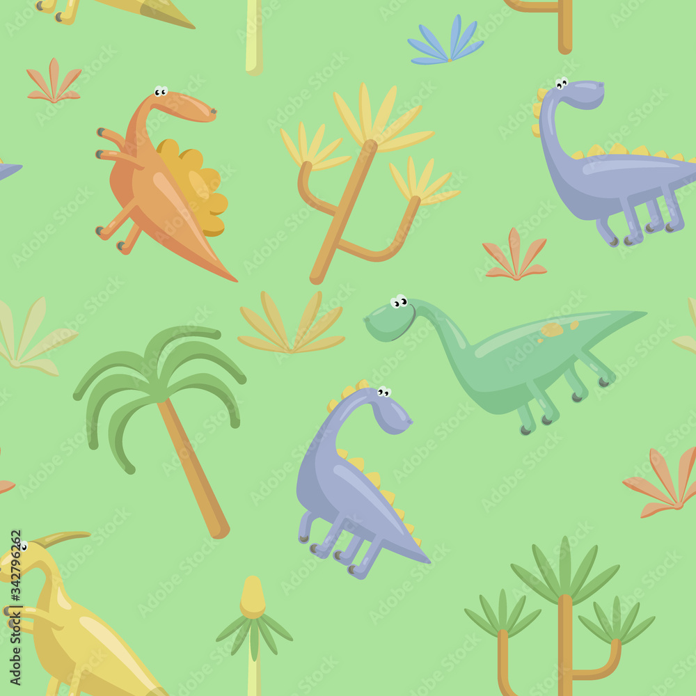 Fototapeta premium Seamless pattern of cute flat vector dinosaurs.