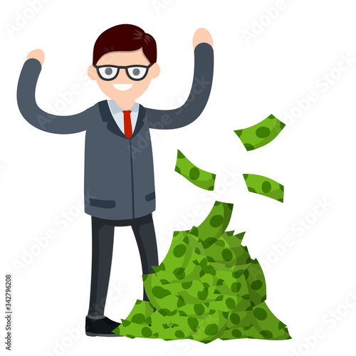 Office worker in white shirt. Big hand with green money. Happy man. Cartoon flat illustration. Payment and business