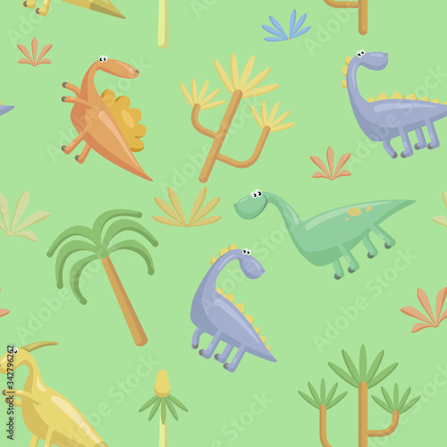 Seamless pattern of cute flat vector dinosaurs.