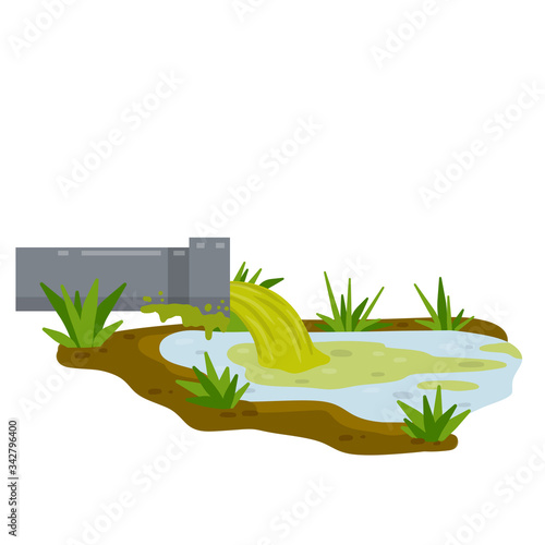 Industrial discharge from the pipe. Pollution of nature and ecology. Chemical waste. Cartoon flat illustration. Modern problem. Green stream in the river
