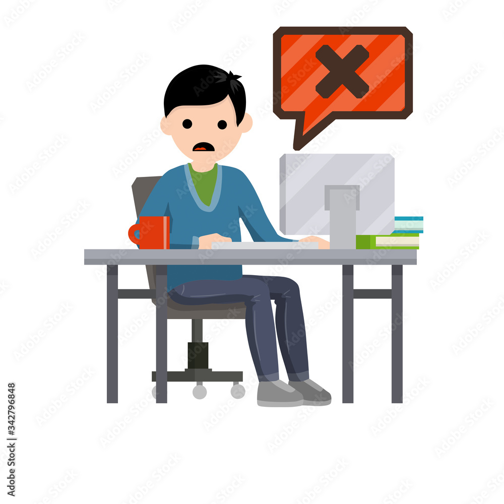 Error message in computer. Shocked man is sitting at table with monitor. Hacking data system. Cartoon flat illustration. Office work and freelance. Virus and bug. Problem with program Error message in computer. Shocked man is sitting at table with monitor. Hacking data system. Cartoon flat illustration. Office work and freelance. Virus and bug. Problem with program