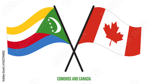 Comoros and Canada Flags Crossed And Waving Flat Style. Official Proportion. Correct Colors