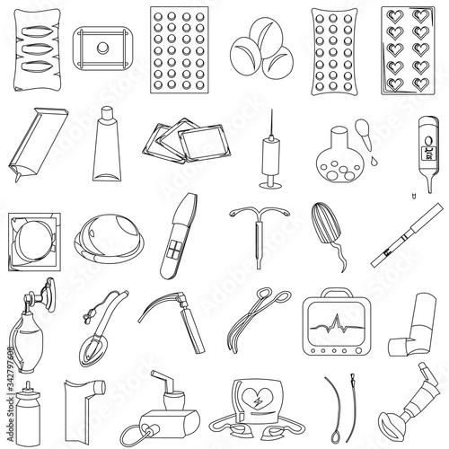 Big set of vector medical icons. Medicines, medical equipment, contraceptives. Objects for resuscitation, treatment, pregnancy and prevention.