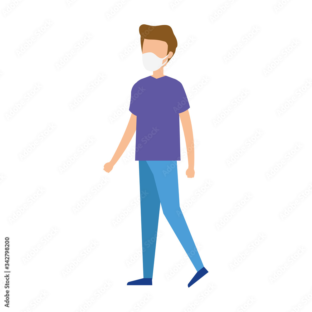 young man walking using face mask isolated icon vector illustration design