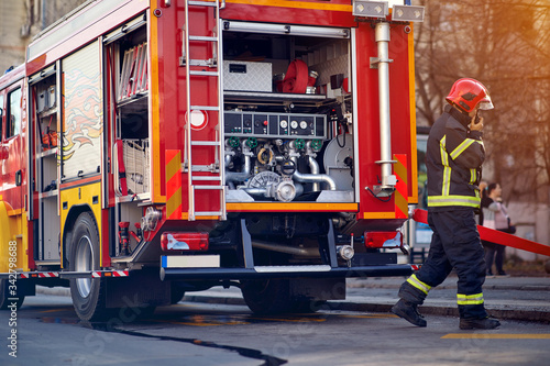   work of firefighters at the scene in fire fighting operation.