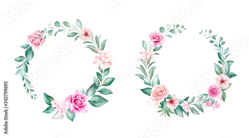 Round watercolor floral wreath. Botanic decoration illustration of peach roses and blue flowers  leaves  branches. Botanic elements for wedding or greeting card design composition