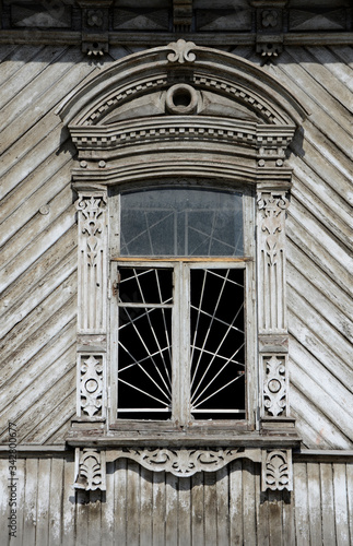 Window in an old wooden building in Chelyabinsk, Russia.