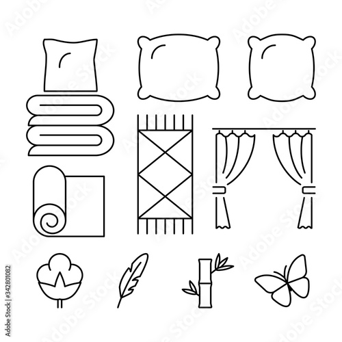 Home textile, linen, pillows, curtains icons