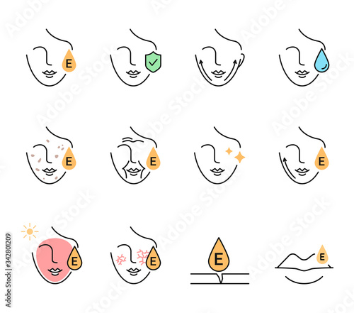 Vitamin E benefits for the skin icons set