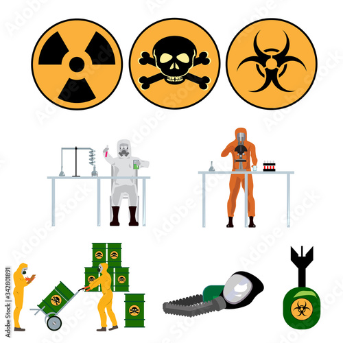 Icons for radioactive, bacteriological, chemical hazard. Scientists in protective suits.